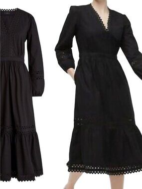 J.Crew Black Ric-Rac Trim Ruffled Balloon Pockets Peasant Midi Dress Size XS
